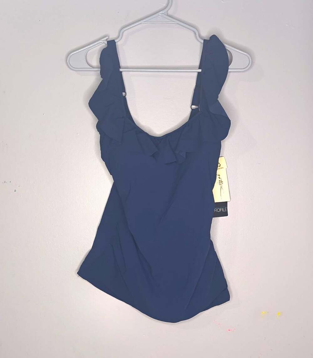 Gottex Ruffle Tankini Top Women's Size 14 Solid Navy Recycled Fabric